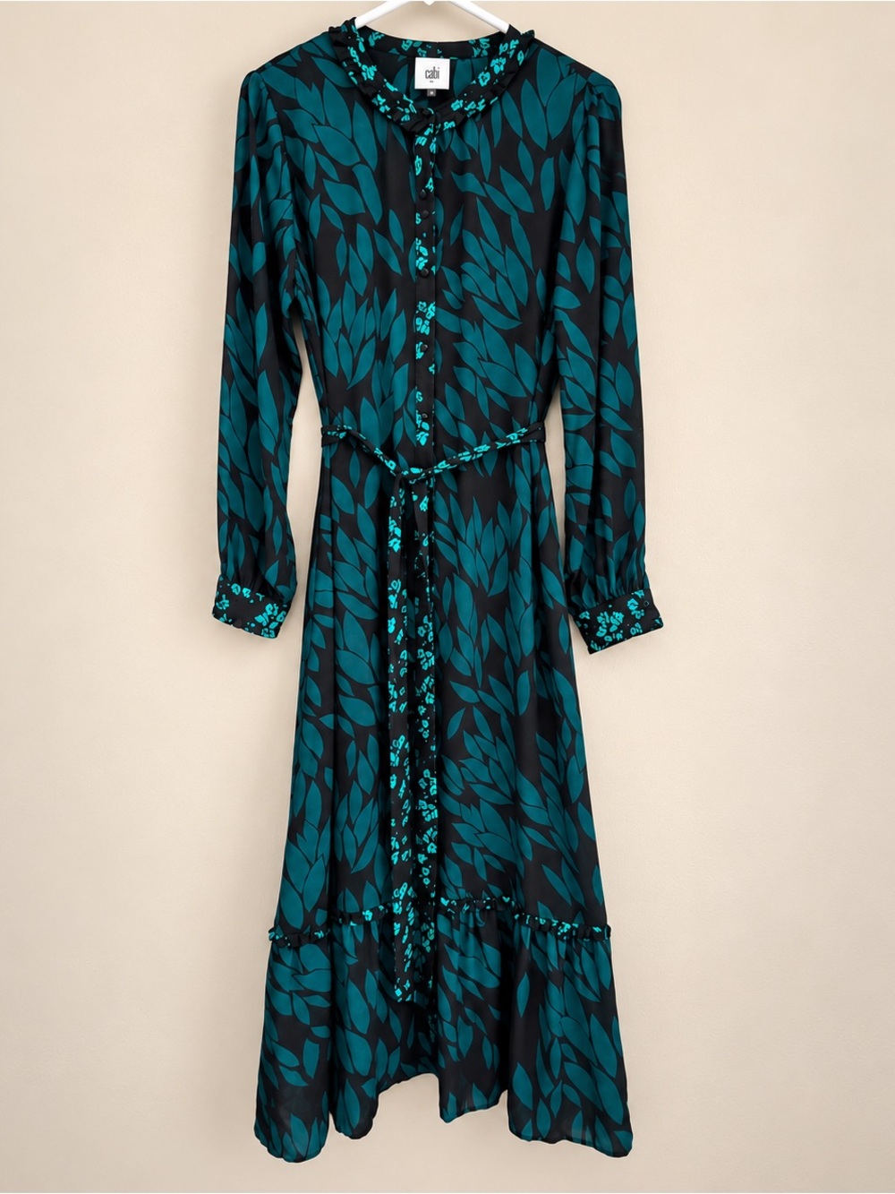 Cabi Autumn Dress #4017 Teal Black Leaf Maxi Duster M